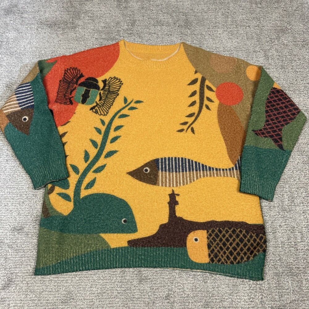 Artsy Sweater Womens XL Yellow Gold Fish Whale Colorful Soft Art To Wear Teacher